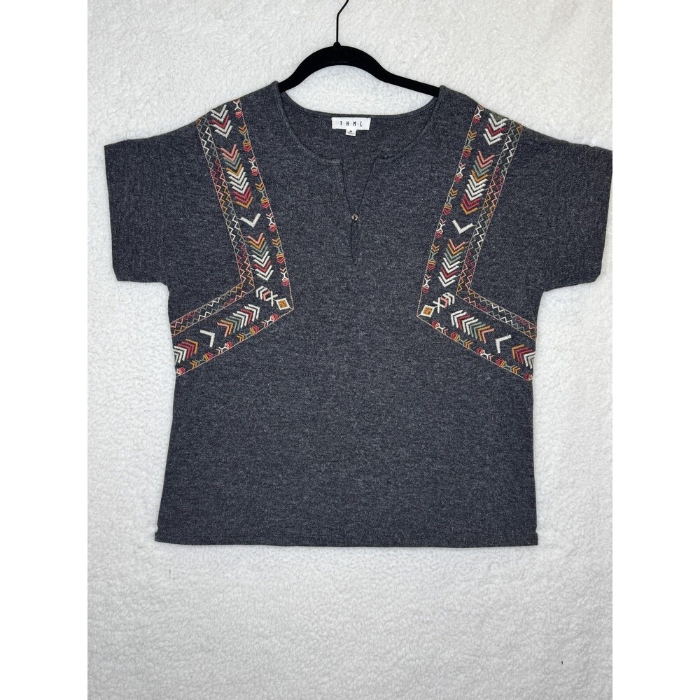 THML Shirt Womens Medium Gray Embroidered Short Sleeve Boho Tunic Top Casual
